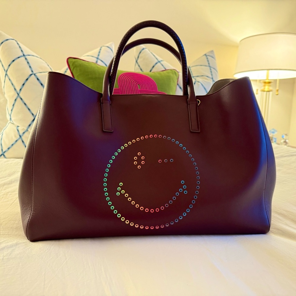 Anya Hindmarch Limited Edition Maxi Ebury Rainbow Smiley Burgundy